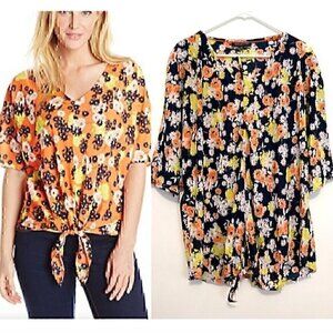 JONES NEW YORK Plus Size Tie Front V-Neck Blouse Navy Blue White Multi Floral 2X